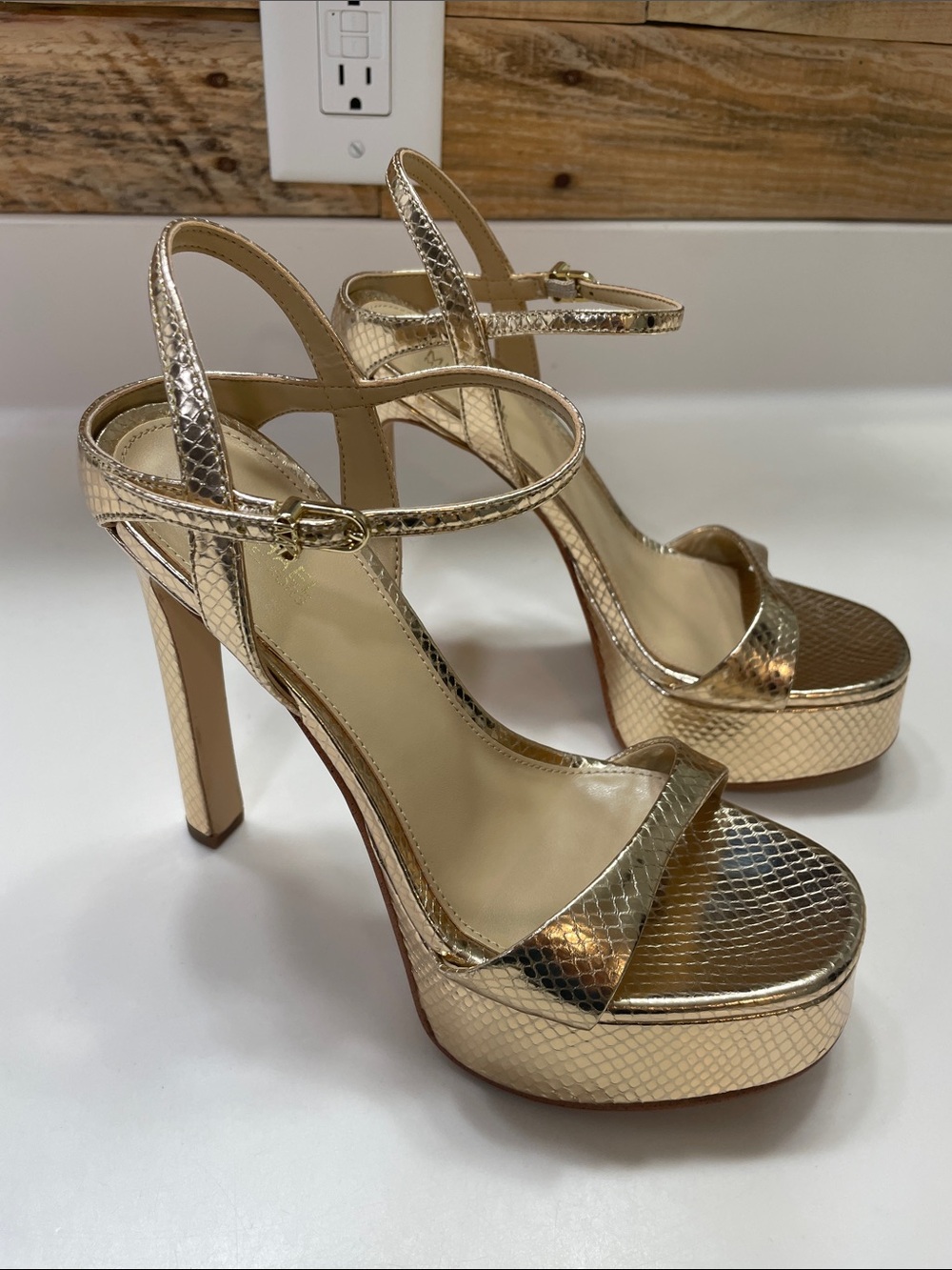 MICHAEL Michael Kors Metallic Gold Snake-Embossed Platform Sandals